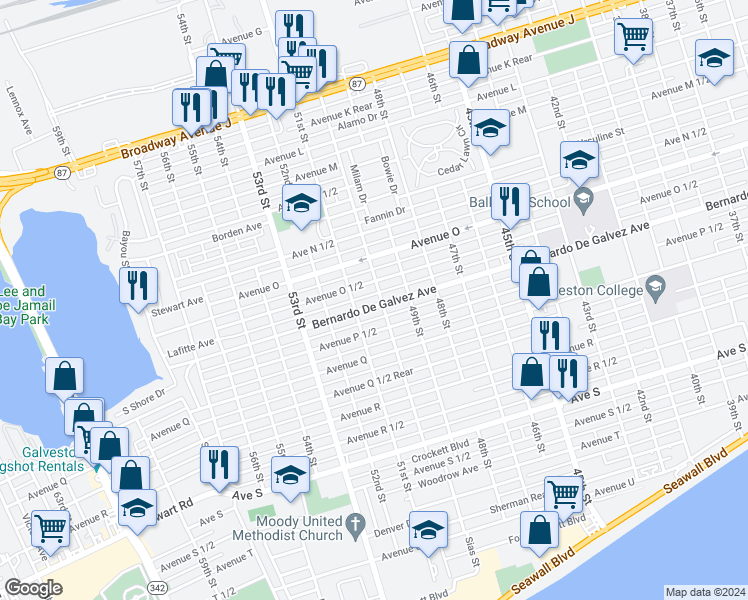 map of restaurants, bars, coffee shops, grocery stores, and more near 5013 1/2 Avenue O in Galveston