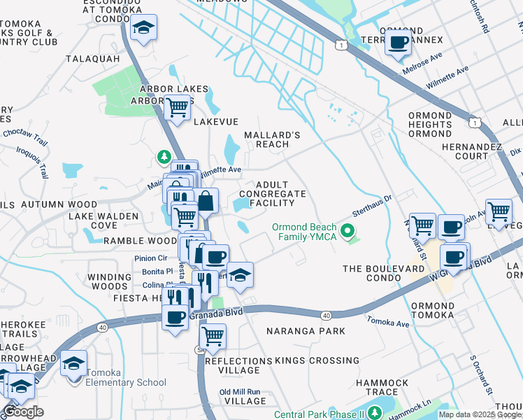 map of restaurants, bars, coffee shops, grocery stores, and more near 500 Shadow Lakes Boulevard in Ormond Beach