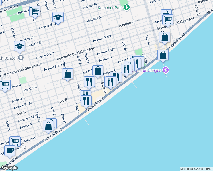 map of restaurants, bars, coffee shops, grocery stores, and more near 3209 1/2 Avenue R in Galveston