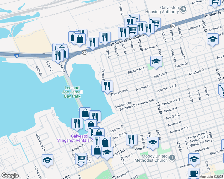 map of restaurants, bars, coffee shops, grocery stores, and more near 1611 Campbell Lane in Galveston