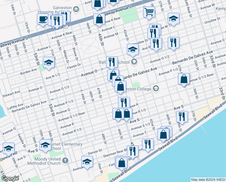 map of restaurants, bars, coffee shops, grocery stores, and more near 4518 Avenue P 1/2 in Galveston