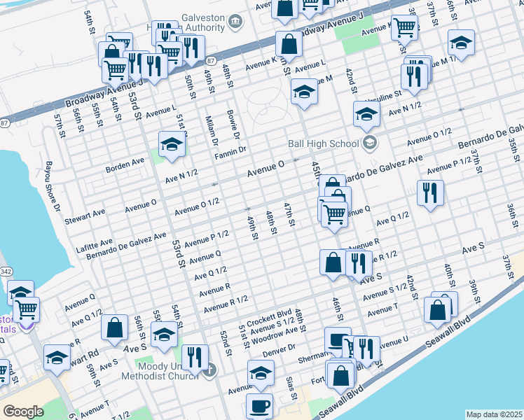 map of restaurants, bars, coffee shops, grocery stores, and more near 4801 Bernardo De Galvez Avenue in Galveston