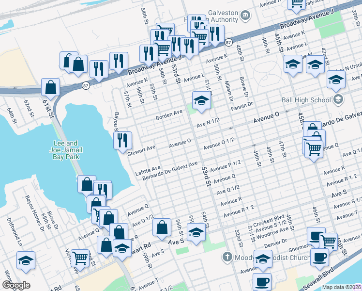 map of restaurants, bars, coffee shops, grocery stores, and more near 5401 Avenue O in Galveston