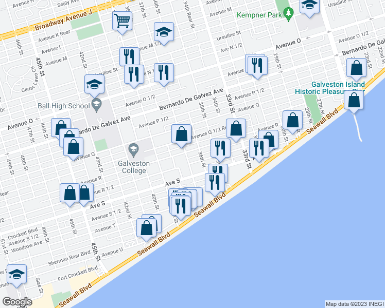 map of restaurants, bars, coffee shops, grocery stores, and more near 2310 36th Street in Galveston
