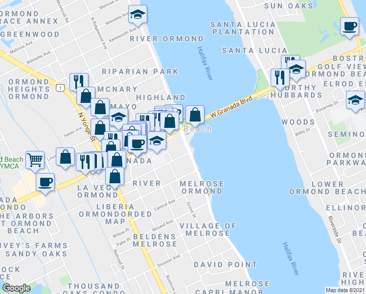 map of restaurants, bars, coffee shops, grocery stores, and more near 30 South Beach Street in Ormond Beach