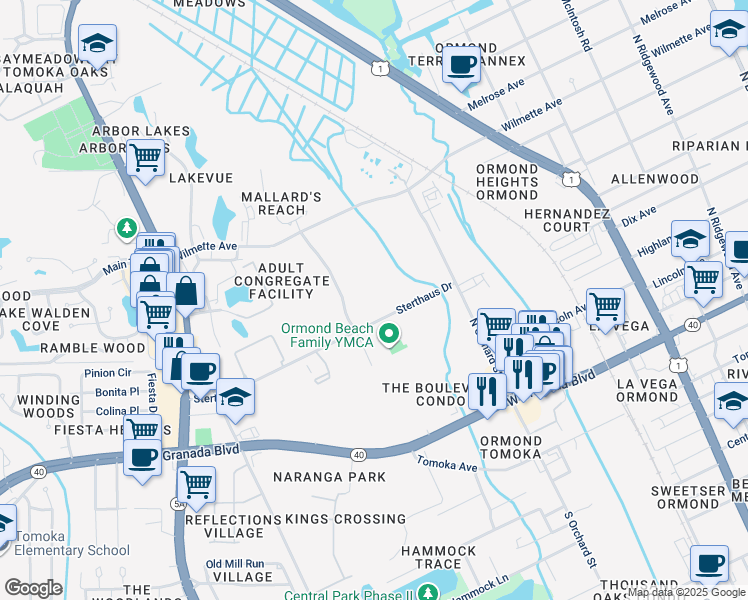 map of restaurants, bars, coffee shops, grocery stores, and more near 495 Sterthaus Drive in Ormond Beach