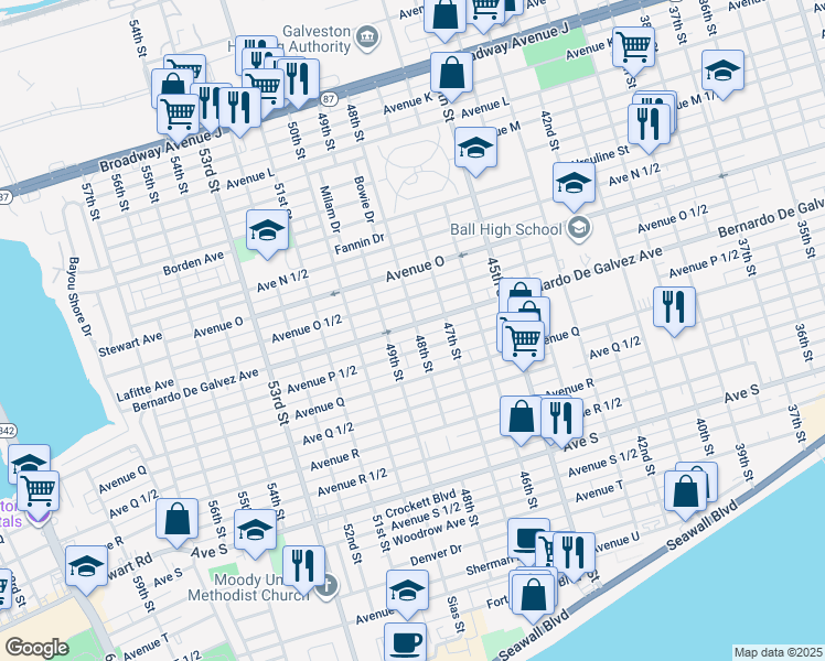 map of restaurants, bars, coffee shops, grocery stores, and more near 4801 Bernardo De Galvez Avenue in Galveston