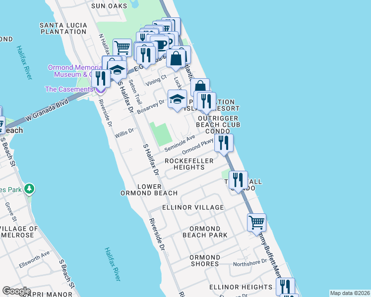map of restaurants, bars, coffee shops, grocery stores, and more near 185 Ormond Parkway in Ormond Beach