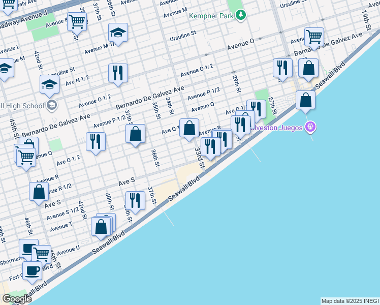 map of restaurants, bars, coffee shops, grocery stores, and more near 3317 Avenue R 1/2 in Galveston