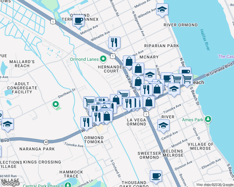 map of restaurants, bars, coffee shops, grocery stores, and more near 303 Lincoln Avenue in Ormond Beach