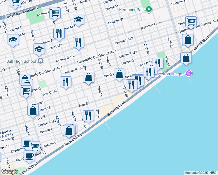 map of restaurants, bars, coffee shops, grocery stores, and more near 3428 1/2 Avenue R 1/2 in Galveston