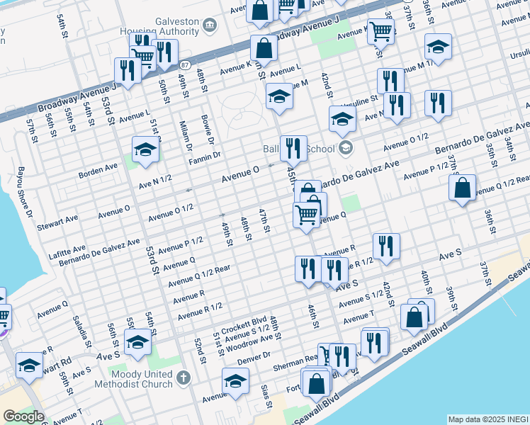 map of restaurants, bars, coffee shops, grocery stores, and more near 1914 47th Street in Galveston