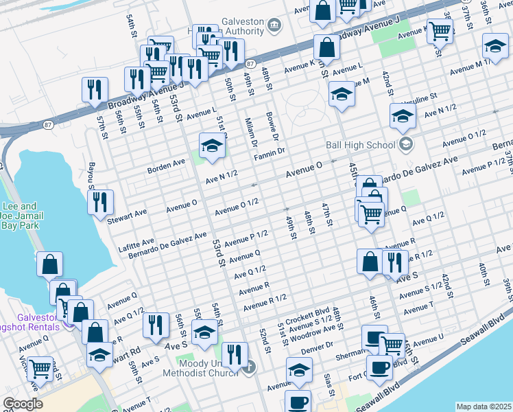map of restaurants, bars, coffee shops, grocery stores, and more near 5013 1/2 Avenue O in Galveston