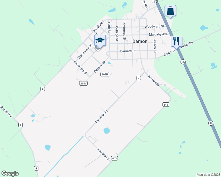 map of restaurants, bars, coffee shops, grocery stores, and more near 1008 County Road 7 in Damon