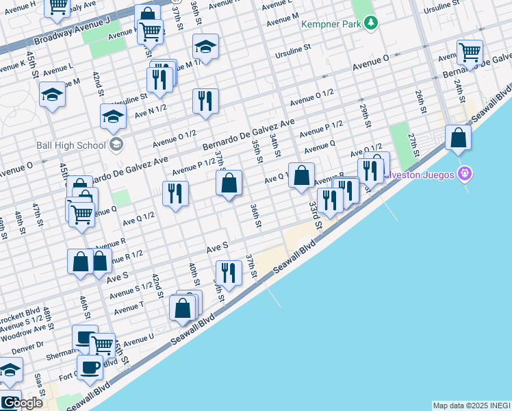 map of restaurants, bars, coffee shops, grocery stores, and more near 2310 36th Street in Galveston