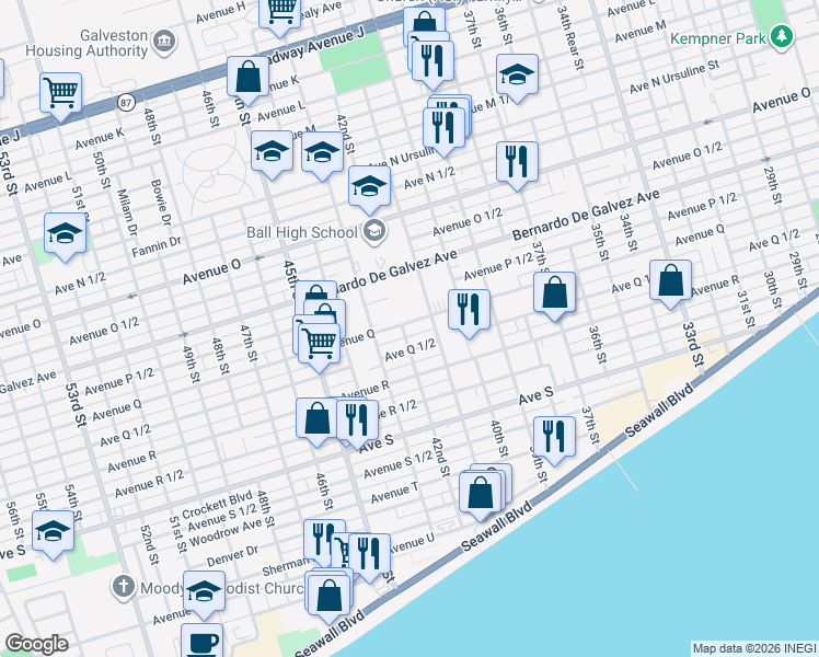 map of restaurants, bars, coffee shops, grocery stores, and more near 4123 Avenue Q in Galveston