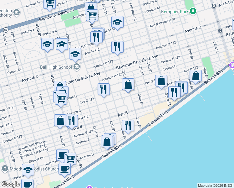 map of restaurants, bars, coffee shops, grocery stores, and more near 3815 1/2 Avenue Q 1/2 in Galveston