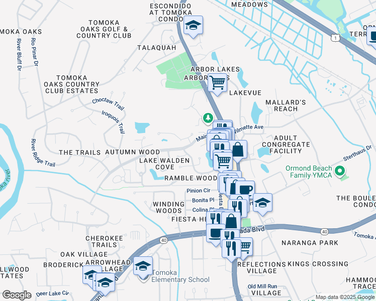 map of restaurants, bars, coffee shops, grocery stores, and more near 2 Stonehaven Trail in Ormond Beach