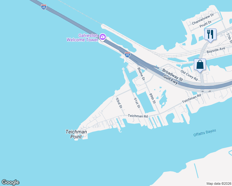 map of restaurants, bars, coffee shops, grocery stores, and more near 628 93rd St in Galveston