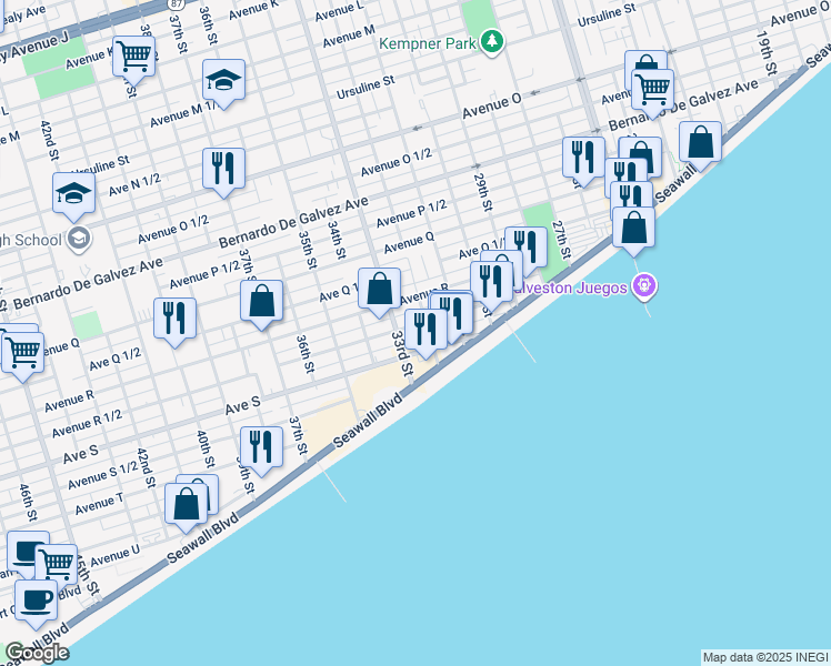 map of restaurants, bars, coffee shops, grocery stores, and more near 3209 1/2 Avenue R in Galveston