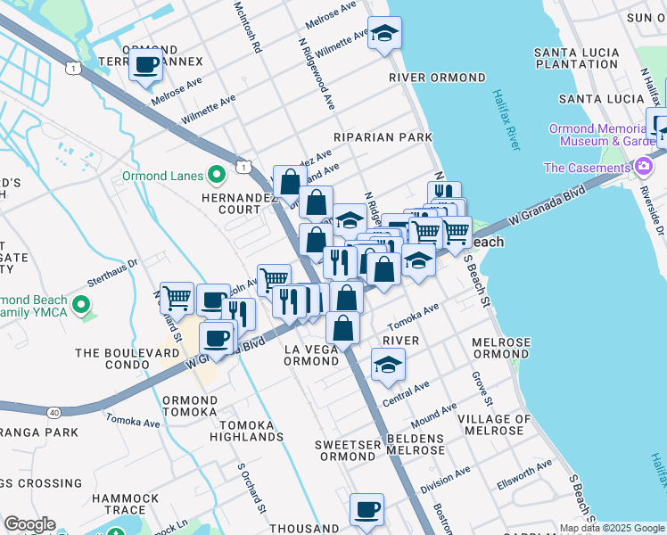 map of restaurants, bars, coffee shops, grocery stores, and more near 19 North Yonge Street in Ormond Beach