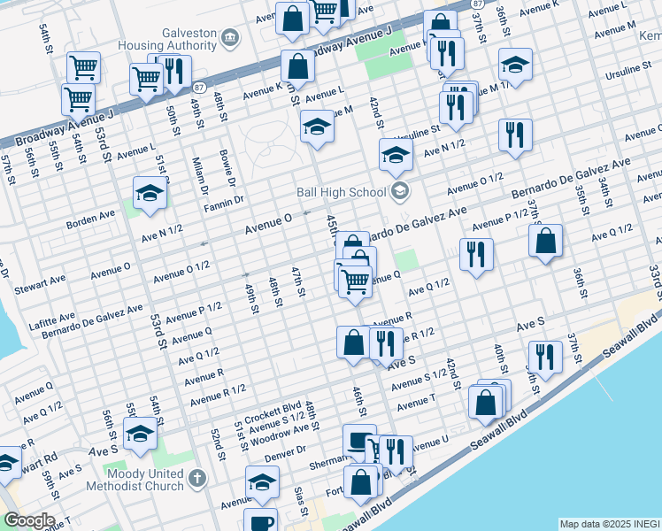 map of restaurants, bars, coffee shops, grocery stores, and more near 4518 Avenue P 1/2 in Galveston