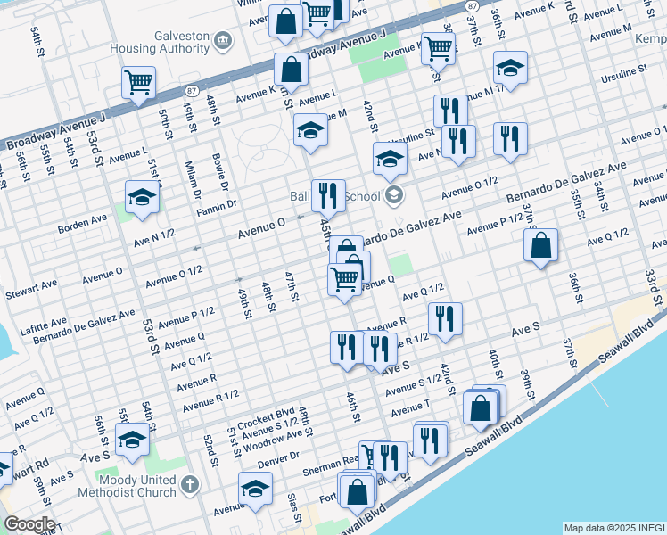 map of restaurants, bars, coffee shops, grocery stores, and more near 4518 Avenue P 1/2 in Galveston