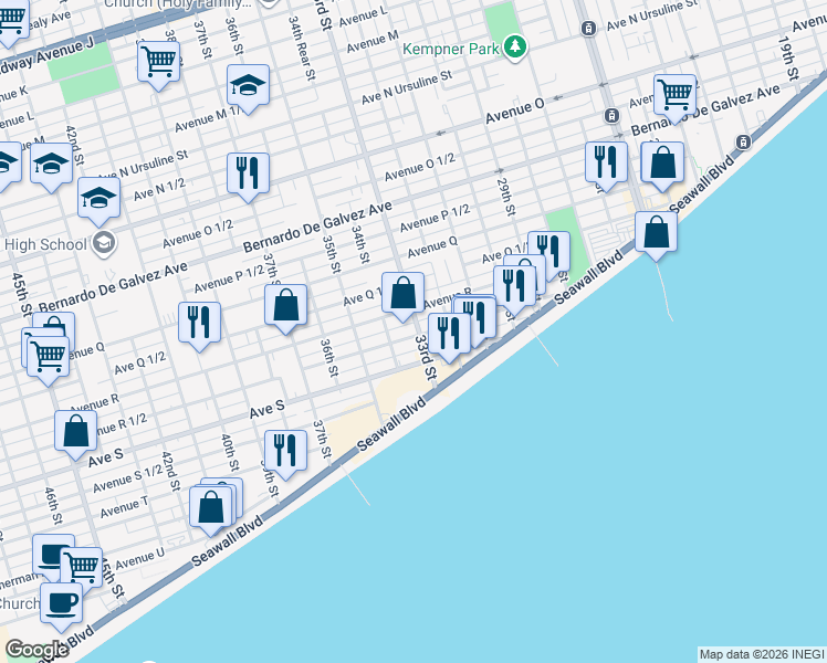 map of restaurants, bars, coffee shops, grocery stores, and more near 2327 33rd Street in Galveston