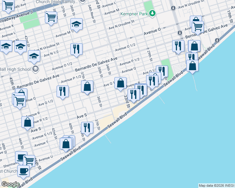 map of restaurants, bars, coffee shops, grocery stores, and more near 3317 Avenue R 1/2 in Galveston