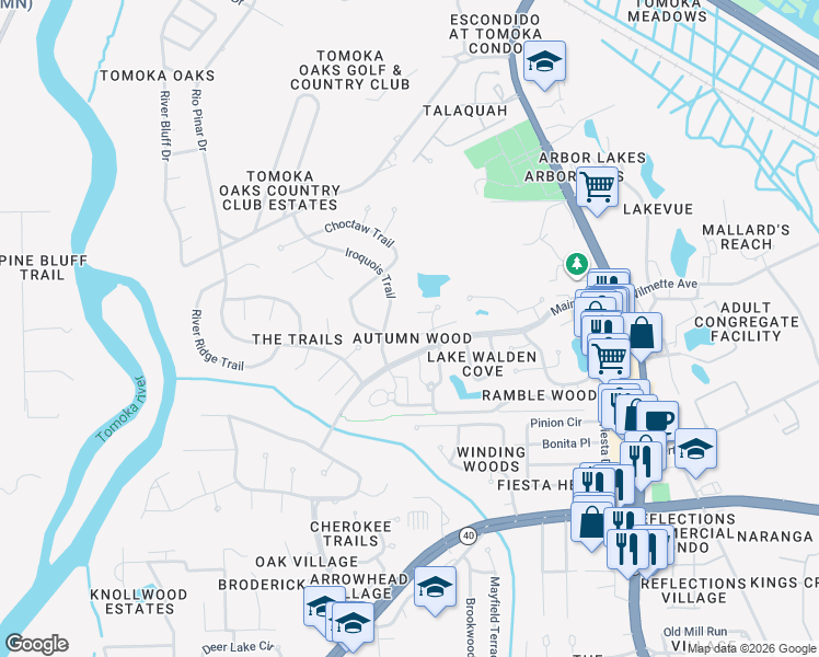 map of restaurants, bars, coffee shops, grocery stores, and more near 17 Maplewood Trail in Ormond Beach