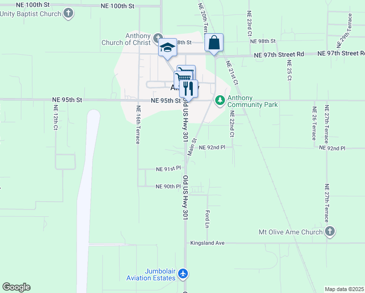 map of restaurants, bars, coffee shops, grocery stores, and more near 9250 Northeast Jacksonville Road in Anthony