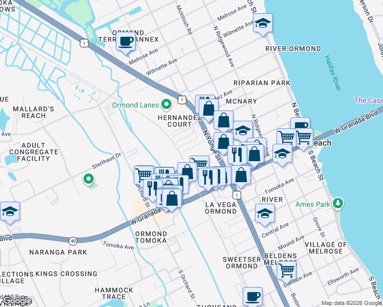 map of restaurants, bars, coffee shops, grocery stores, and more near 303 Lincoln Avenue in Ormond Beach