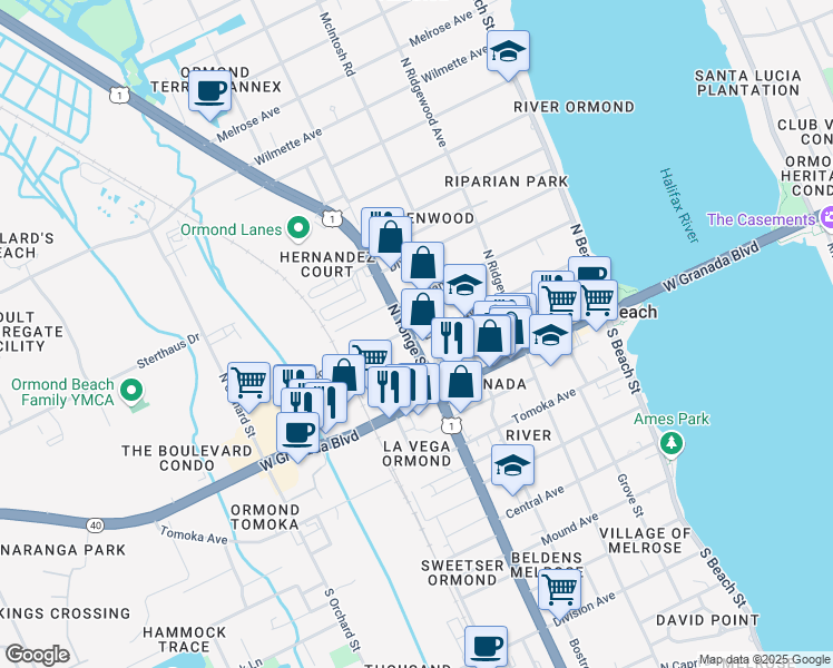 map of restaurants, bars, coffee shops, grocery stores, and more near 75 N Yonge St in Ormond Beach