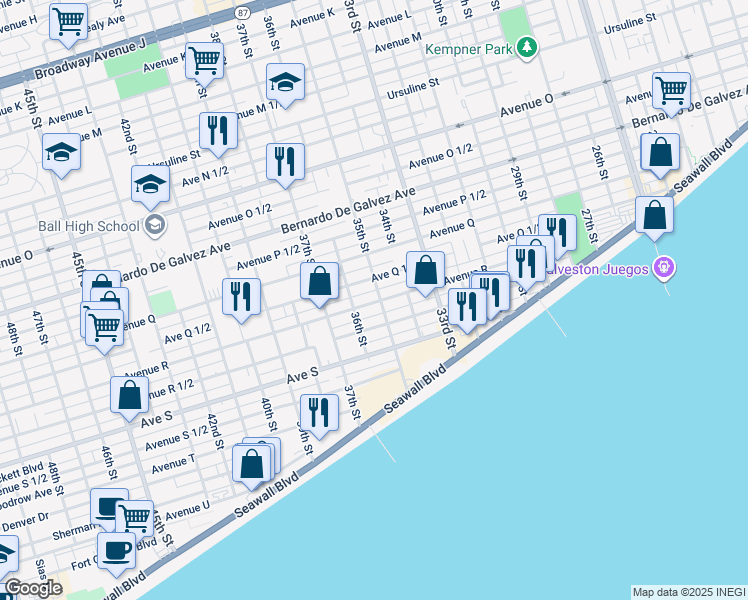 map of restaurants, bars, coffee shops, grocery stores, and more near 3428 1/2 Avenue R 1/2 in Galveston