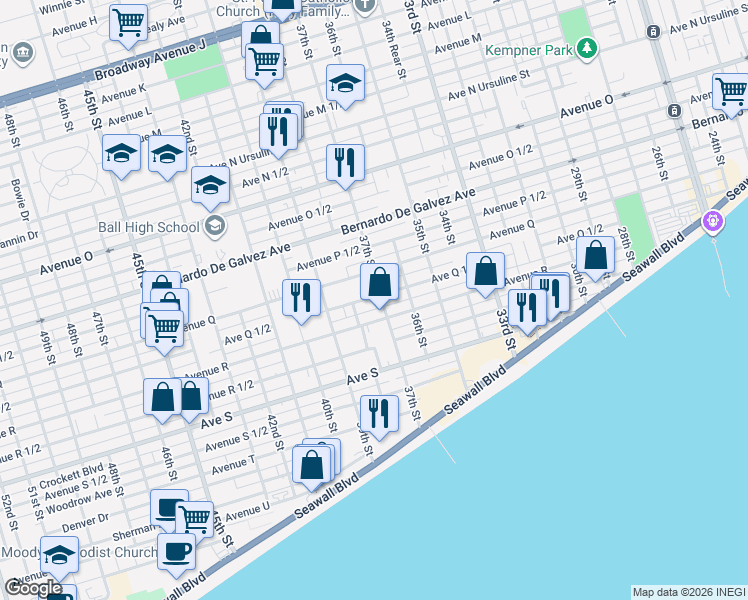 map of restaurants, bars, coffee shops, grocery stores, and more near 3702 Avenue R in Galveston