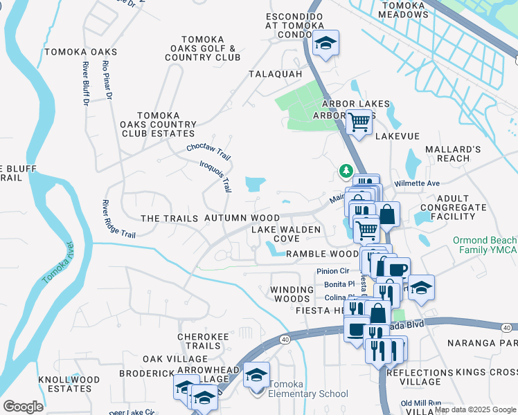 map of restaurants, bars, coffee shops, grocery stores, and more near 1 Autumnwood Trail in Ormond Beach