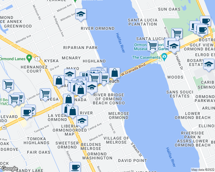 map of restaurants, bars, coffee shops, grocery stores, and more near 30 South Beach Street in Ormond Beach