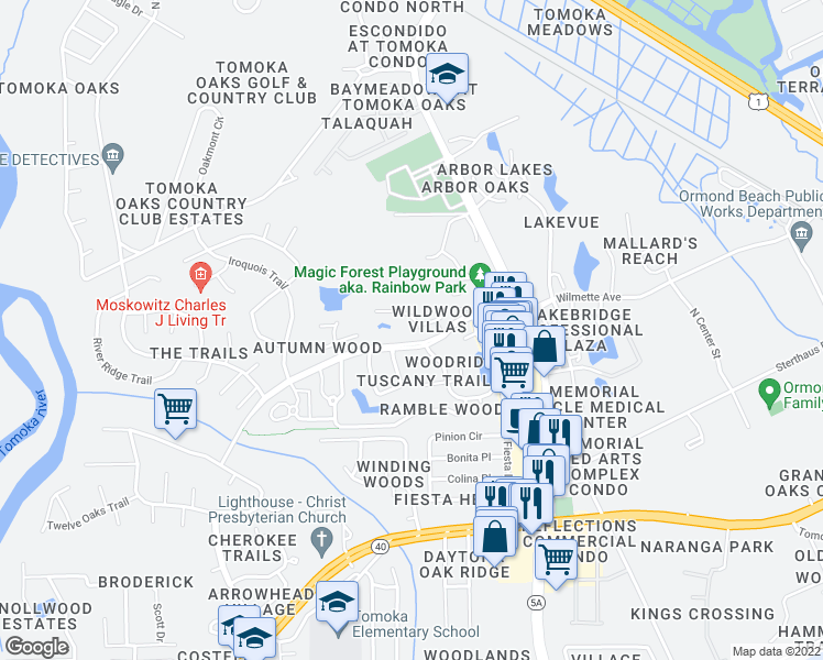 map of restaurants, bars, coffee shops, grocery stores, and more near 24 Wildwood Trail in Ormond Beach