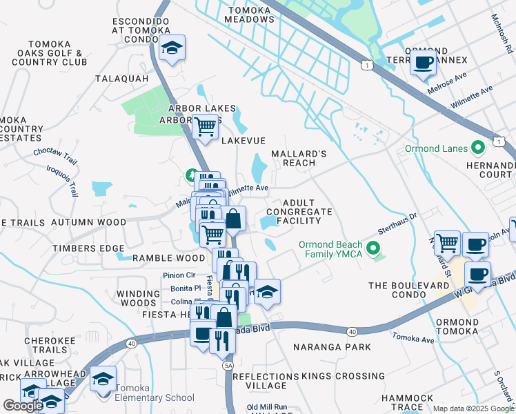 map of restaurants, bars, coffee shops, grocery stores, and more near 420 Lakebridge Plaza Drive in Ormond Beach