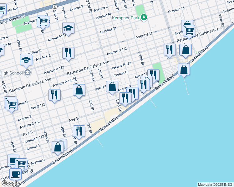 map of restaurants, bars, coffee shops, grocery stores, and more near 2217 33rd Street in Galveston