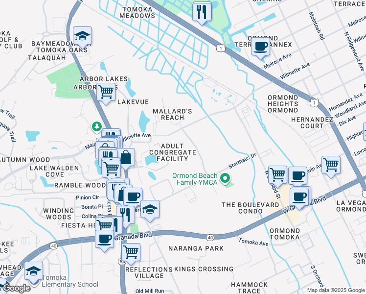 map of restaurants, bars, coffee shops, grocery stores, and more near 170 North Center Street in Ormond Beach