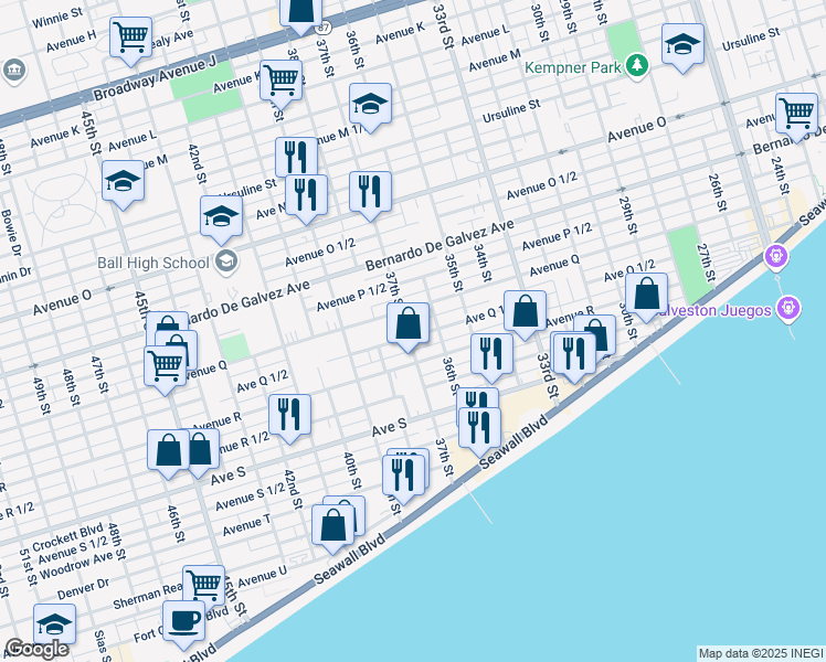 map of restaurants, bars, coffee shops, grocery stores, and more near 3627 Avenue Q in Galveston