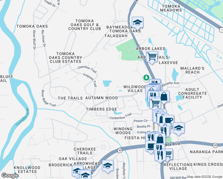 map of restaurants, bars, coffee shops, grocery stores, and more near 56 Wildwood Trail in Ormond Beach