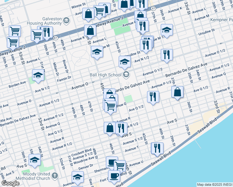 map of restaurants, bars, coffee shops, grocery stores, and more near 1853-1899 44th Rear Street in Galveston