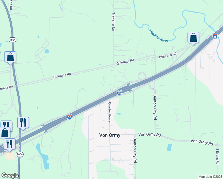 map of restaurants, bars, coffee shops, grocery stores, and more near 14069 Interstate 35 Access Road in Von Ormy