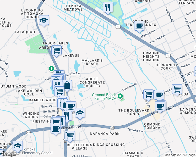 map of restaurants, bars, coffee shops, grocery stores, and more near 170 North Center Street in Ormond Beach