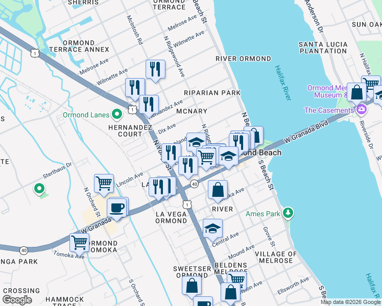 map of restaurants, bars, coffee shops, grocery stores, and more near 173 Lincoln Avenue in Ormond Beach