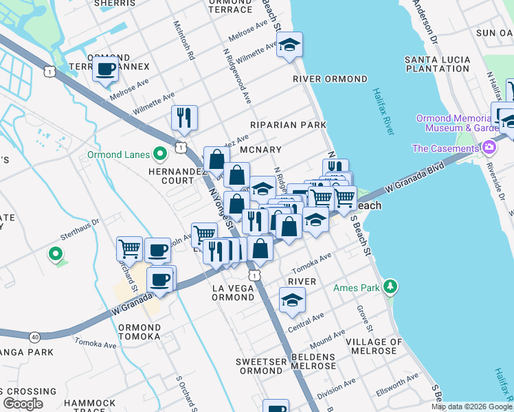 map of restaurants, bars, coffee shops, grocery stores, and more near 173 Lincoln Avenue in Ormond Beach