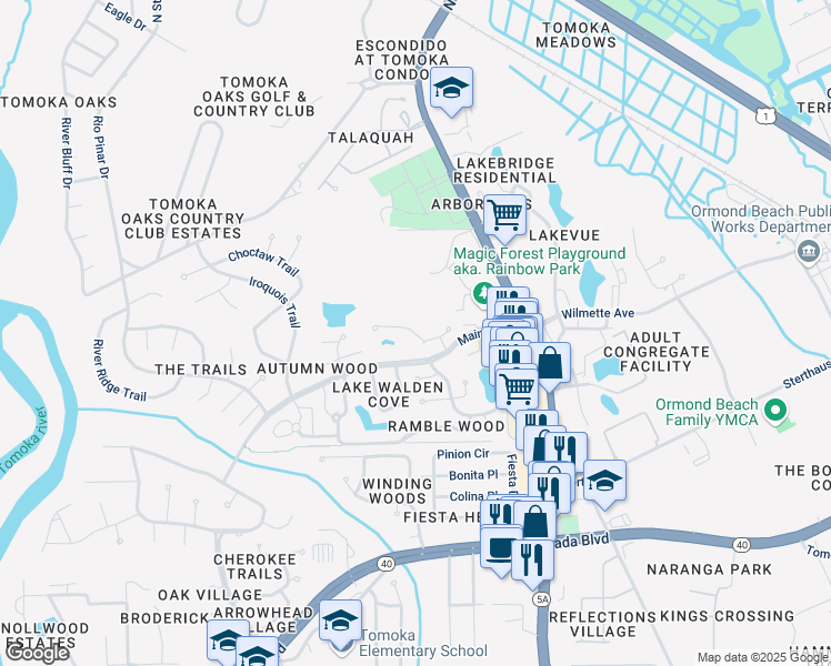 map of restaurants, bars, coffee shops, grocery stores, and more near 28 Wildwood Trail in Ormond Beach