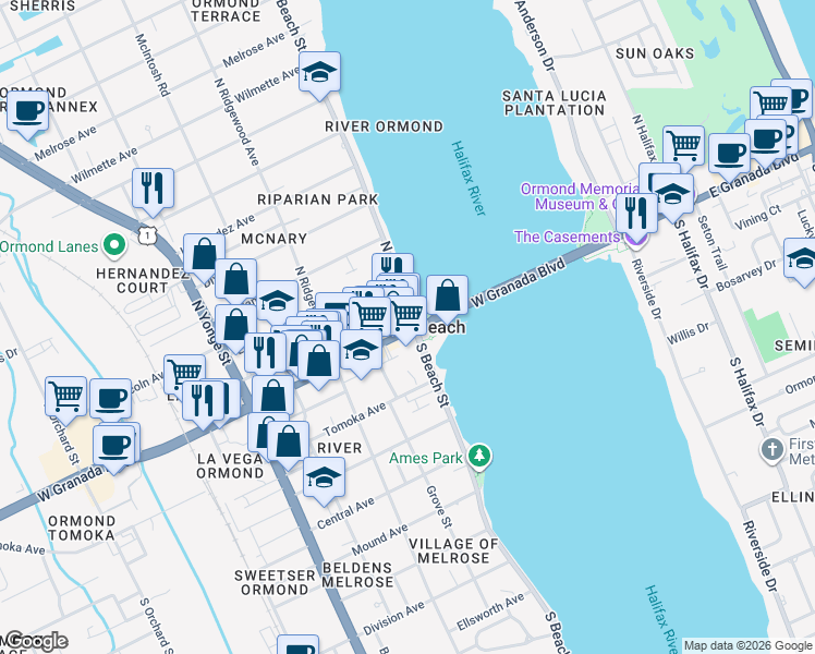 map of restaurants, bars, coffee shops, grocery stores, and more near in Ormond Beach